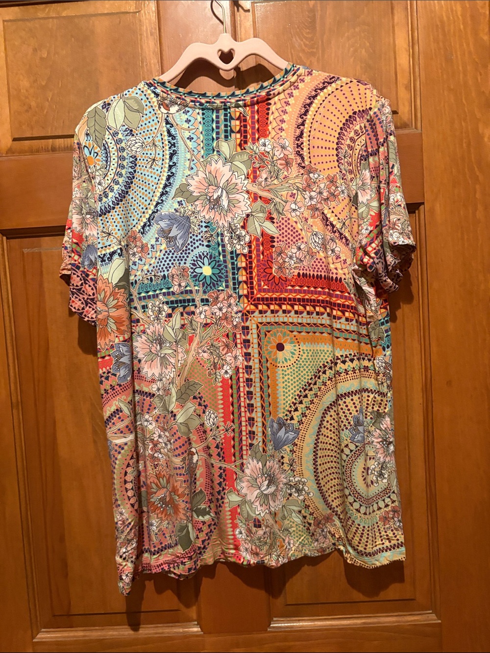 Johnny Was Multicolor Floral Patchwork V-Neck Tee - Picture 2 of 6